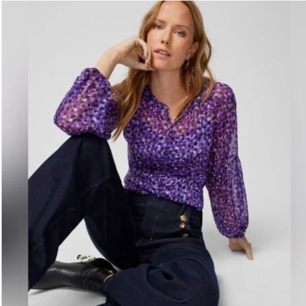 White House Black Market Purple & Gold Dot Button Sheer Blouse Women’s XS - Picture 1 of 9